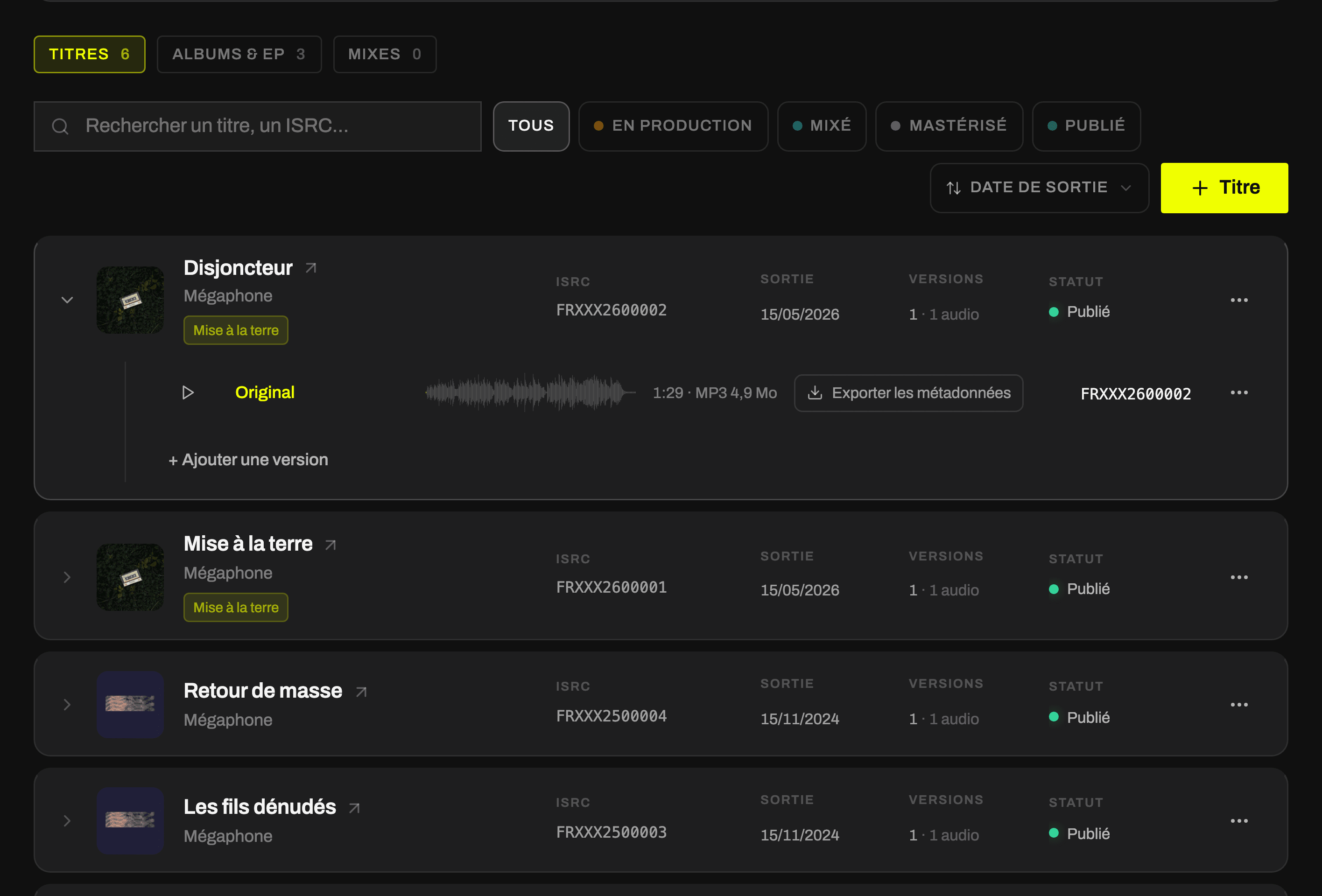 Module Phono : catalogue des titres avec pochette, ISRC, date de sortie, versions et statut.